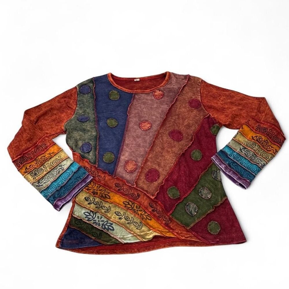 Multicoloured patchwork long sleeve top with polka dots